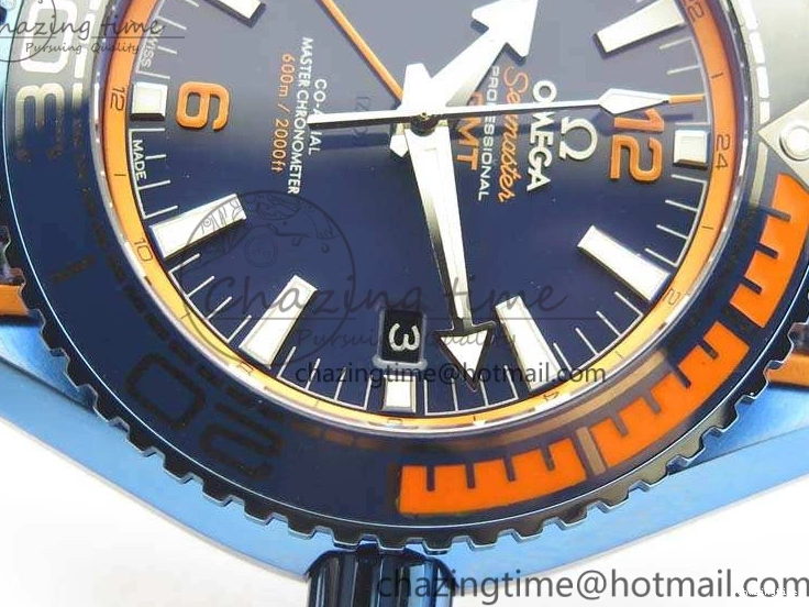 0818 FreshLook Planet Ocean 45mm GMT Blue DLC Black OMF Best Edition Blue Dial On Blue Gummy Strap A 8123